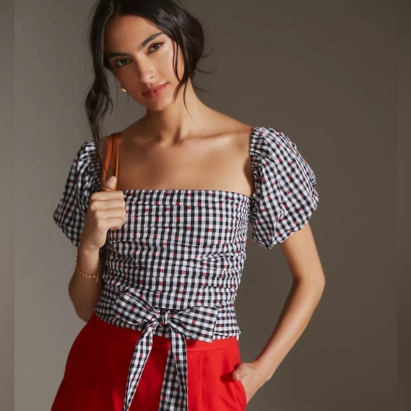 DOLAN ANTHROPOLGIE Left Coast Gingham Puff-Sleeve Shirt SIZE S - Picture 7 of 8